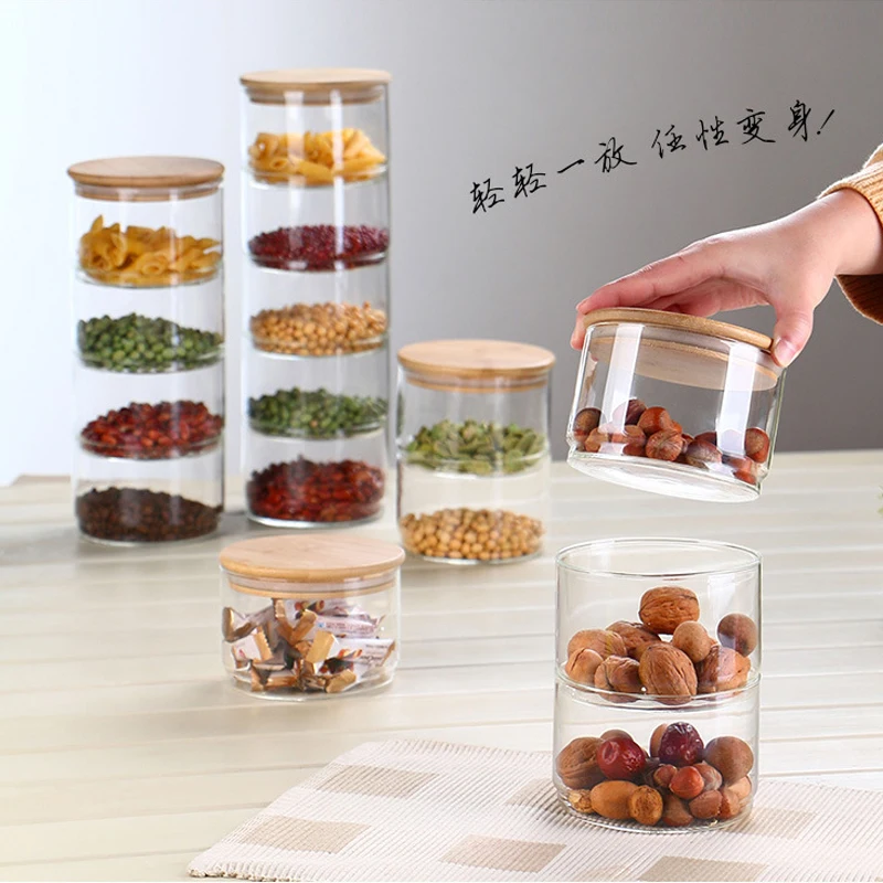 Food Storage Set Glass - 新しい1200ml 3層ガラス製保存容器セット、乾燥スパイス、果物、サラダボウル、蓋付きメイソンジャーなど、キッチンでの食品保存に最適です。