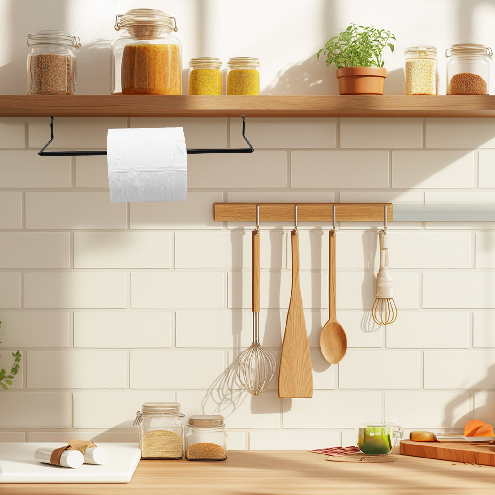 Food Storage Organizer - 金属製ペグボード キッチンタオルホルダー ペーパーロールラック バスルーム収納 簡単設置 吊り下げフック
