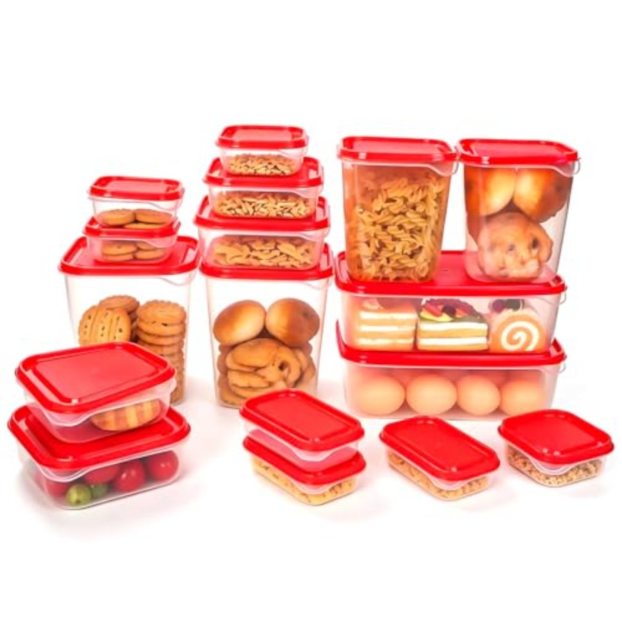 Storage Food Prep - 17個入りプラスチック食品保存容器セット、赤い通気蓋付きBPAフリー、持ち運び可能な食品保存容器、食事の準備、残り物、キット用