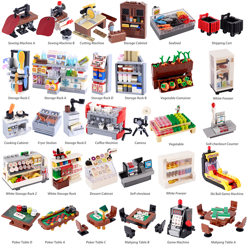 Food Storage Building - MOCシティスーパーマーケットビルディングブロック ポケットテーブルゲーム ミシン 食品棚 収納ラック キャビネット