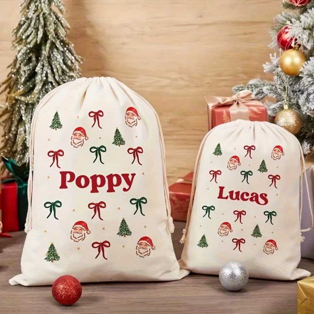 Food Storage In Plants - パーソナライズされたシンプルなサンタ＆クリスマスボウ付き巾着袋、カスタムネーム入りリネン風ホリデーギフトバッグ、クリスマスプレゼント収納ポーチ