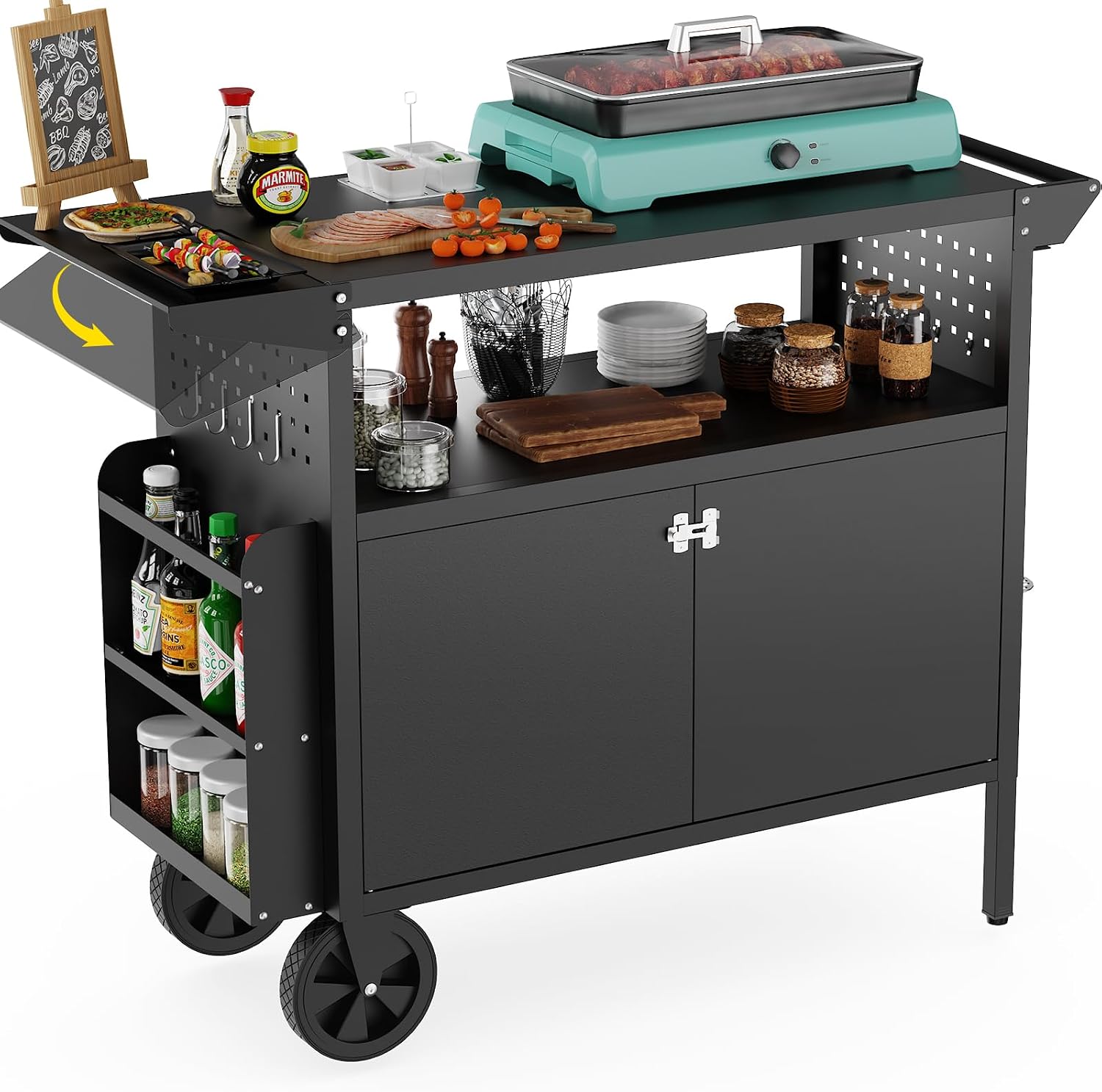 Storage Food Prep - 屋外グリルカートテーブル、収納付きキッチンアイランド、ホイール付き折りたたみ式テーブルトップ、バーベキュー用食品準備ステーション、頑丈な金属グリドルカウンタートップ、パティオやキャンプ用
