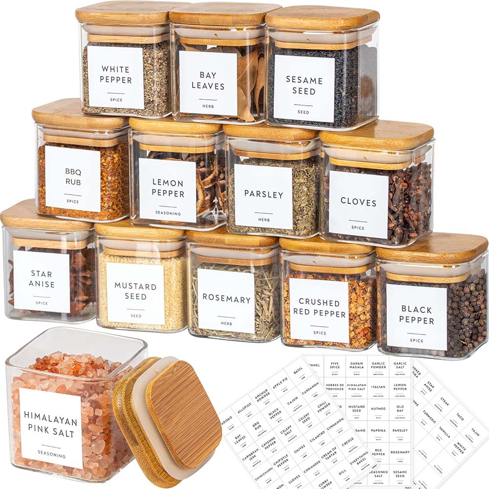 Food Storage Set Glass - スパイスラベル付きガラス瓶セット、5オンス、正方形、竹蓋、ステッカーラベル、食品収納コンテナ、キャニスター