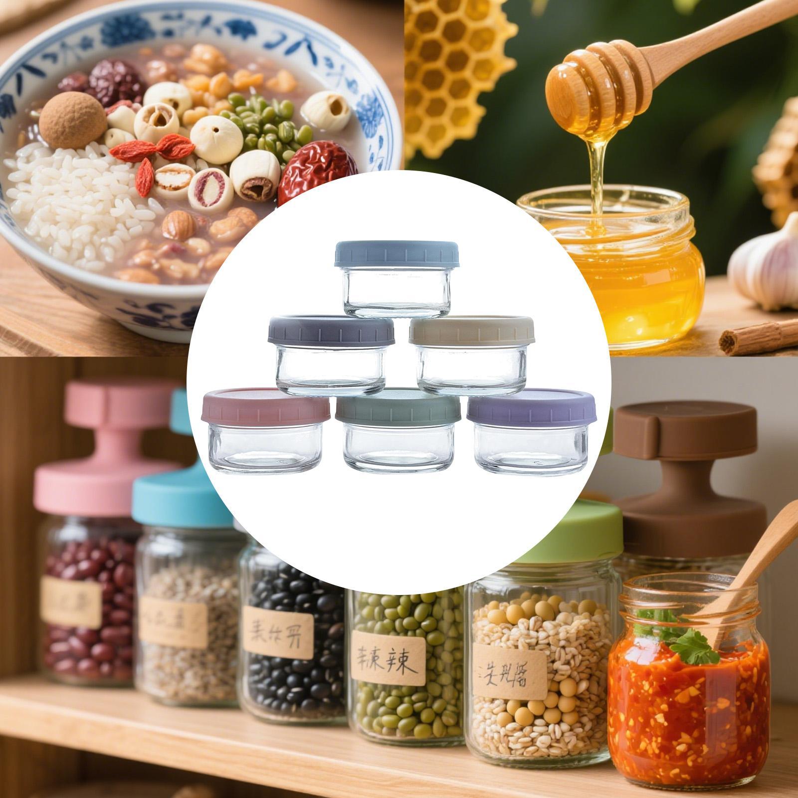 Food Storage Set Glass - 漏れ防止蓋付きミニガラス瓶、キッチンのスパイス、ソース、食品保存用の詰め替え可能な丸型容器