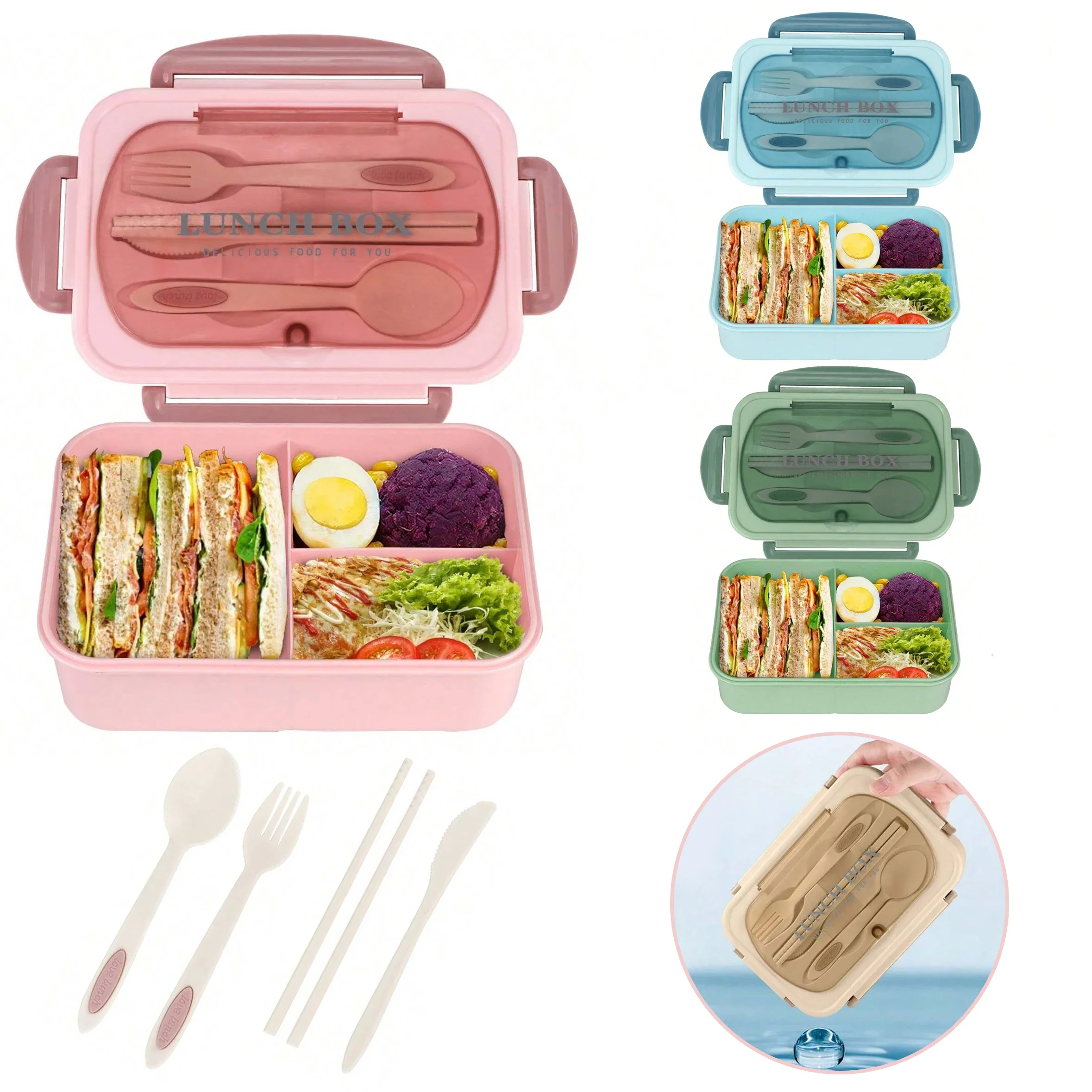 Food Storage Design - 大人用弁当箱 3コンパートメント付き ランチコンテナ 男女兼用 ポータブルランチボックス 食品保存容器