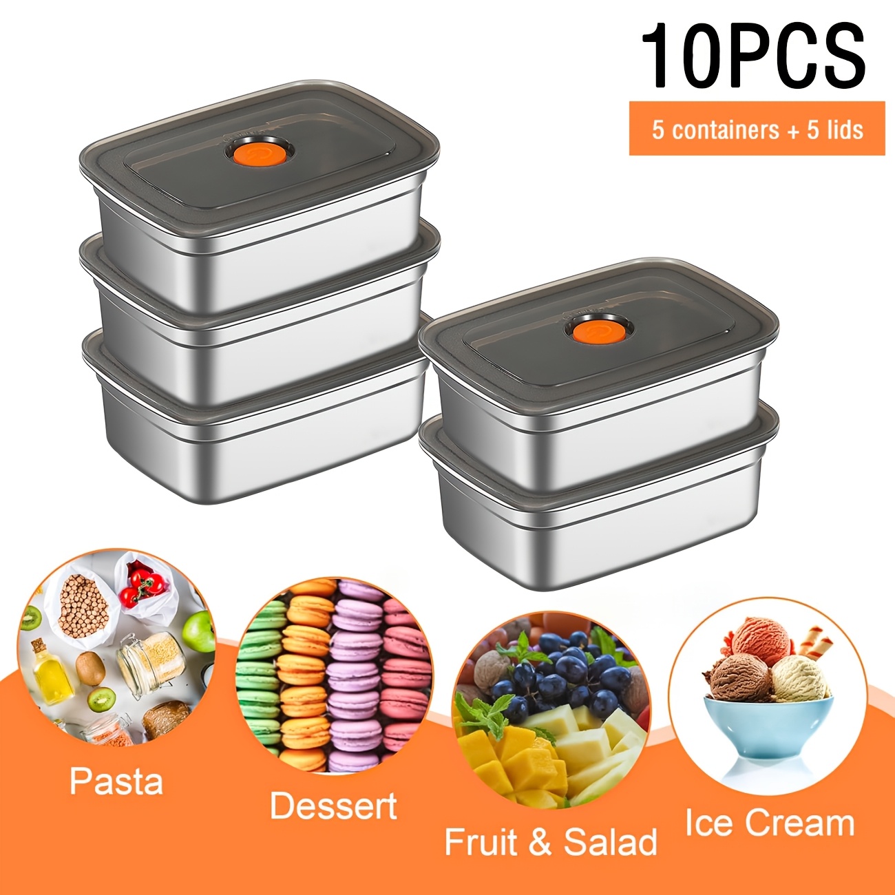 Food Storage Safe - 10個セット ステンレス製食品保存容器 蓋付き、漏れ防止、冷凍庫/電子レンジ対応、家庭、レストランに最適