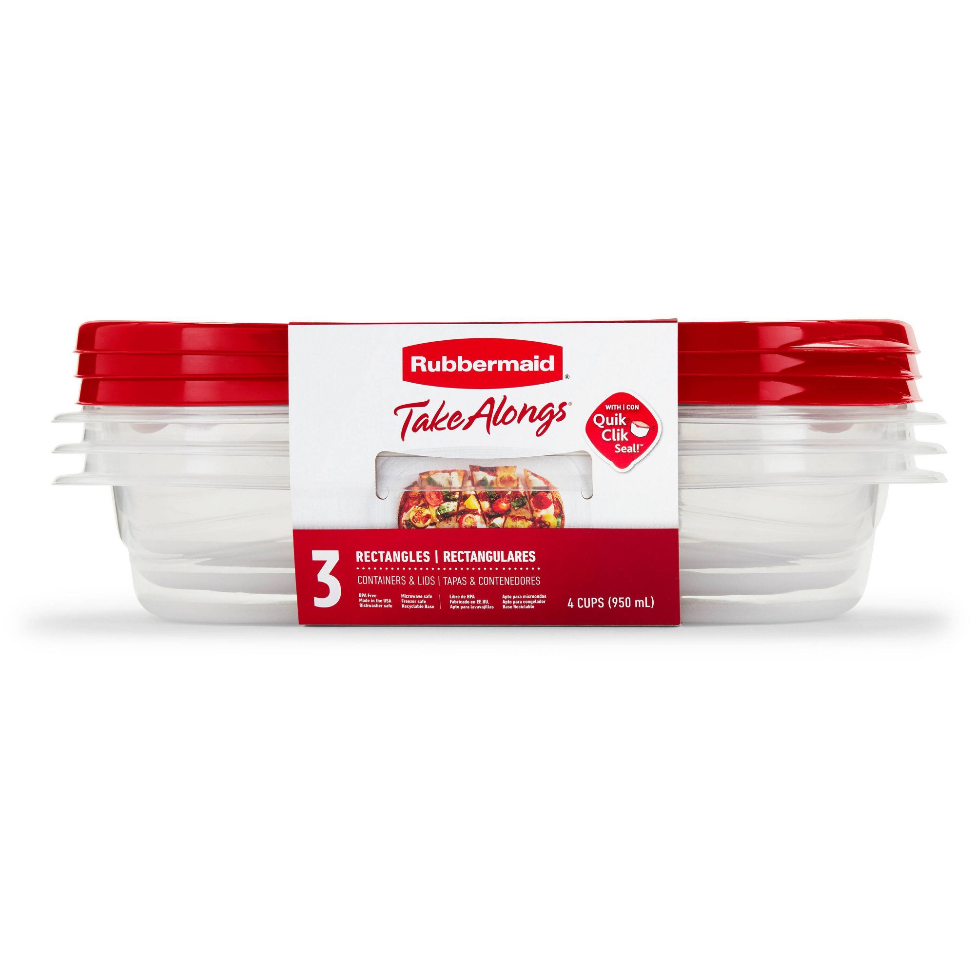 Storage Food Prep - 赤い長方形の食品保存容器3個（蓋付き）、4カップ用の再利用可能な食事準備ボックス（キッチンやランチ用）