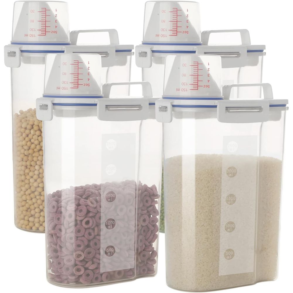 Food Storage Bins - 5.5ポンド容量の米用気密乾燥食品保存容器4個セット、米びつシリアル容器ディスペンサー、厚みのある透明プラスチック製F