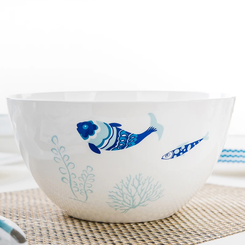 Food Storage In Plants - 8インチ、ボーンチャイナ製大型スープボウル、魚柄磁器製食品保存容器、セラミック製サラダミキシングボウル（ディナーサービス用）