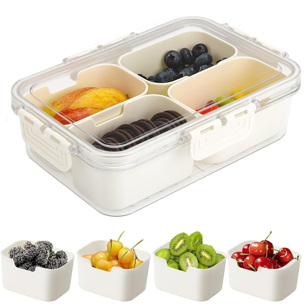 Food Storage Drawer Organizer - ポータブル食品保存箱、スナック収納ボックス、蓋付き4つのコンパートメント、独立したサービングトレイ、キッチン用スナックボックス、フルーツフードコンテナ