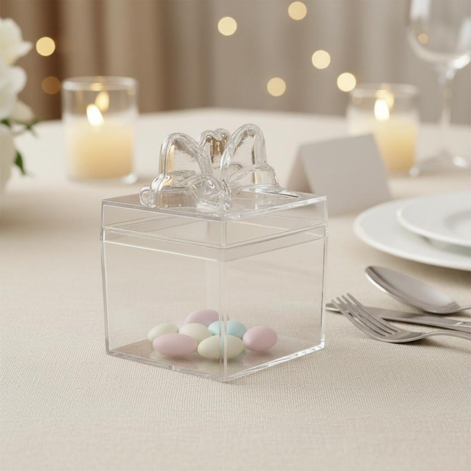 Food Storage And Container - 透明プラスチック製キャンディボックス、リボン付き多目的透明キャンディボックス、ミニキューブ容器、食品グレード、小物収納