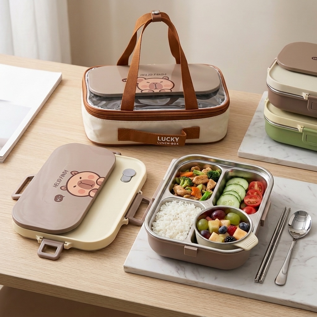 Food Storage Drawer Organizer - 304ステンレス製弁当箱セット 4/5仕切り食品保存容器 スープボウルとカトラリー付き 大人子供学校用