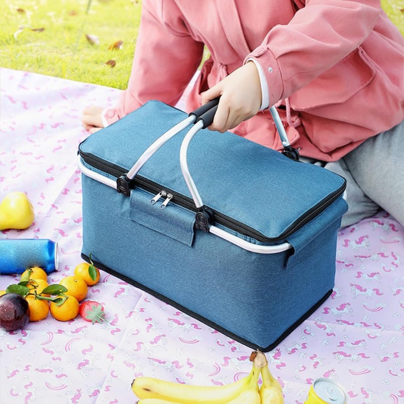 Food Storage Design - アルミブラケット付きフラット折りたたみ式オックスフォードピクニックバスケット、内蔵フロントパッチポケット、省スペース折りたたみ式デザイン、裏庭パーティーロードトリップ用食品収納、家族向け屋外パーティーオーガナイザー