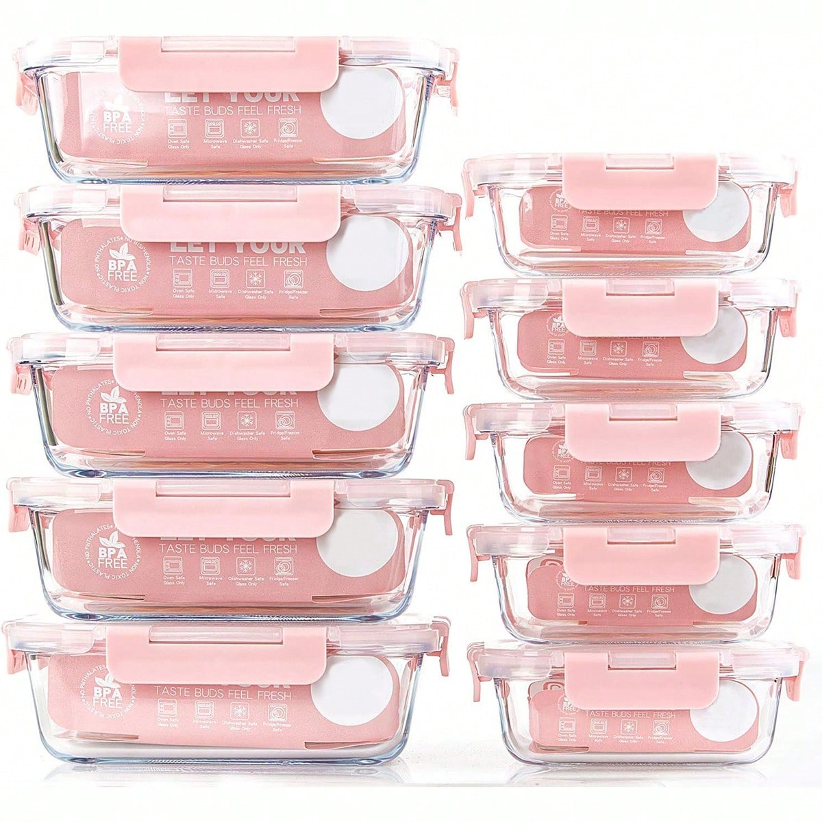 Storage Food Prep - 10個入りガラス製ミールプレップ容器、蓋付き食品保存容器、気密ガラスランチボックス、電子レンジ、オーブン、冷凍庫、食洗機対応