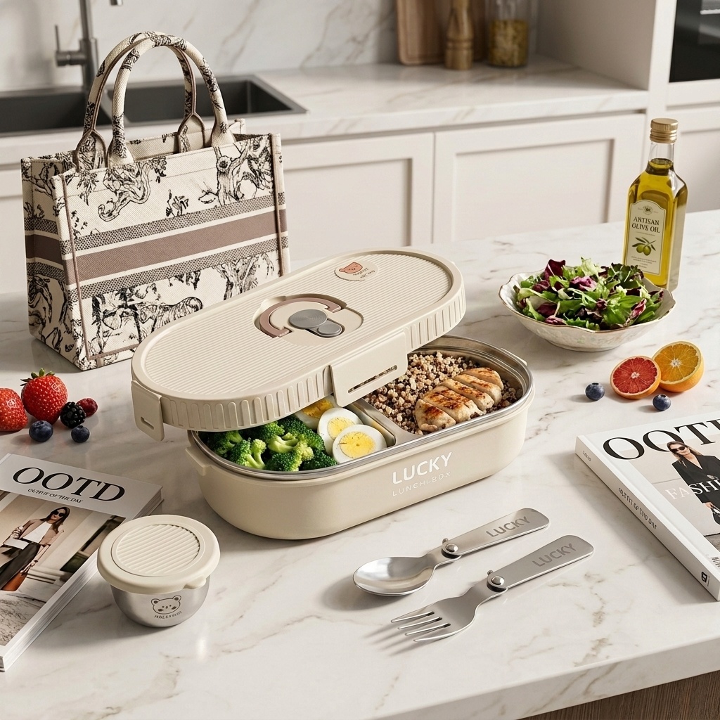 Food Storage Design - 電子レンジ対応 304ステンレス製弁当箱セット 漏れ防止 ポータブル食品保存容器 ミールプレップボウル 子供