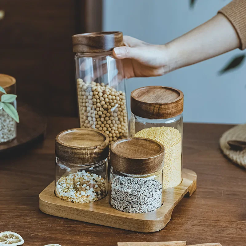 Food Storage Set Glass - 木製蓋付きガラスジャー,気密キャニスター,密閉フード容器,ベースセット付きディスペンサー,キッチンオーガナイザー