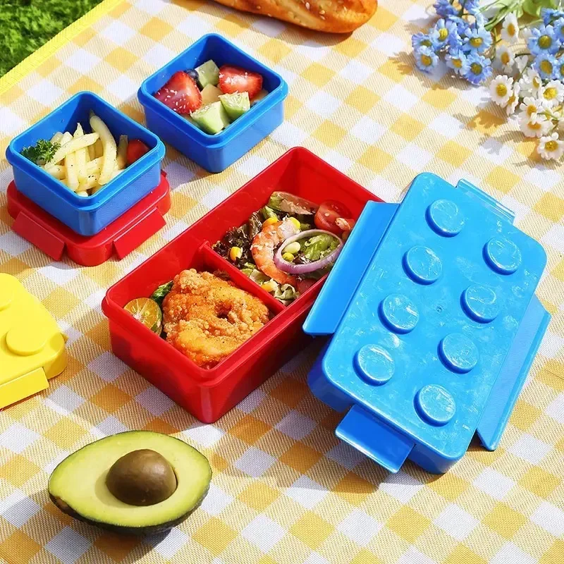 Food Storage Building - ポータブル密閉ランチボックス カラフルな積み木型 子供用学生弁当箱 ピクニックフルーツサラダ食品保存容器