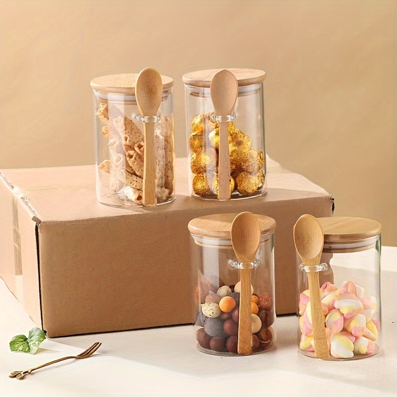 Food Storage Set Glass - 280ml キャンディジャー、ビスケットジャー、竹製密閉蓋とスプーン付きガラス保存瓶 - 10オンス透明ガラスバルクフード保存瓶
