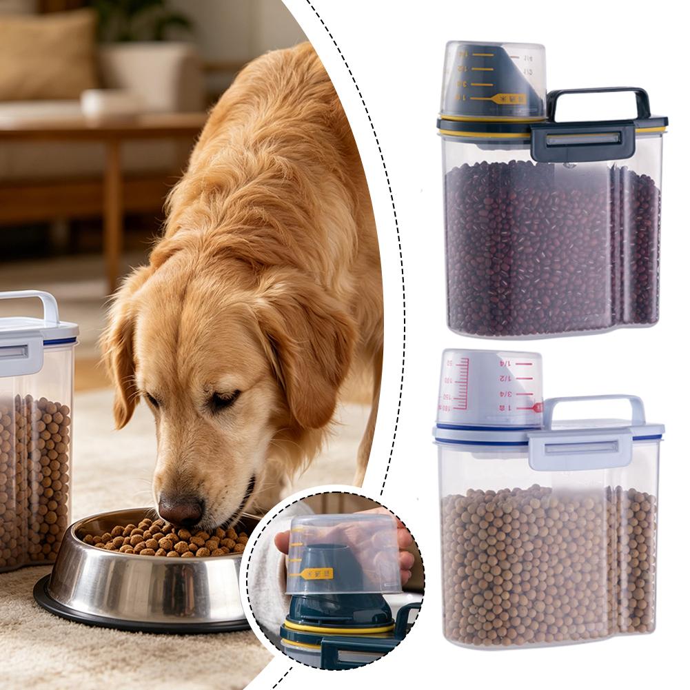 Food Storage Bins - プラスチック製ペットフード保存容器 計量カップ付き 耐久性があり、大容量、お手入れ簡単、乾燥気密ペットフード収納ビン