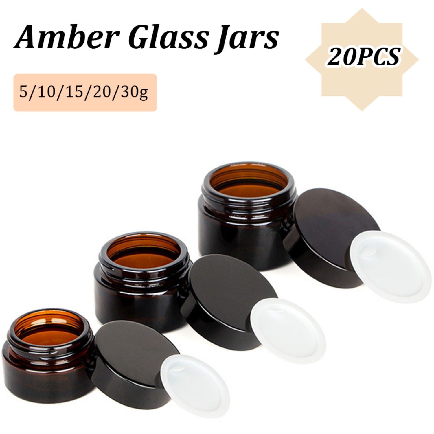 Food Storage Set Glass - 20 個の小さな琥珀色のガラス瓶、黒い蓋付き 5/10/15/20/30 グラムの空の丸い瓶、クリームローションキャンドルパウダー用のインナーライナー付き
