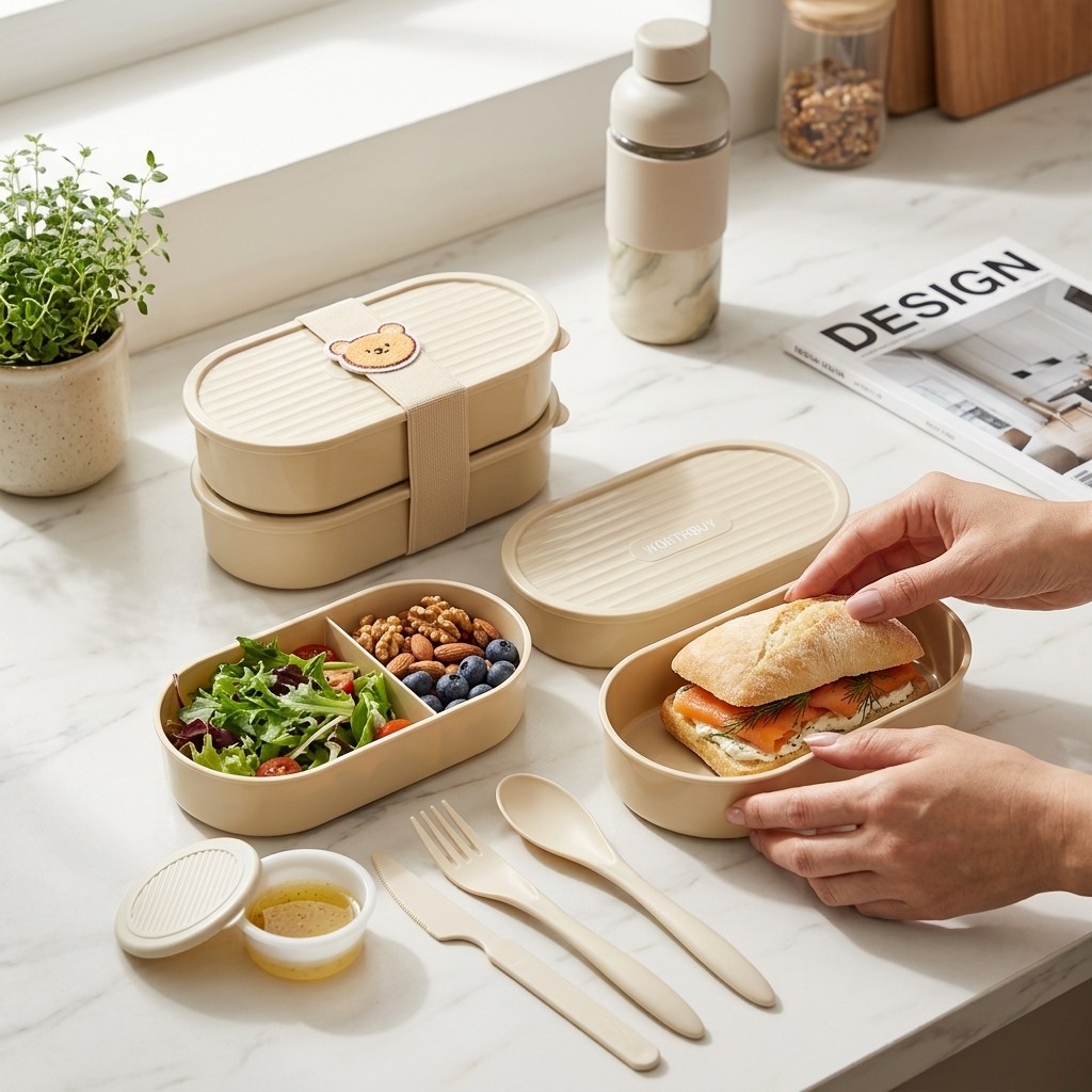 Food Storage Safe - 二層オーバルランチボックス かわいいストラップ付き 再利用可能なプラスチック弁当箱 子供 学生 学校用食品容器