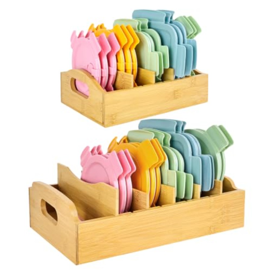 Food Storage Organizer - 2パック竹製蓋オーガナイザー、10.6インチ x 8.2インチ/13.2インチ x 10インチ食品保存容器蓋ホルダー、調節可能な仕切り付き、キッチン収納
