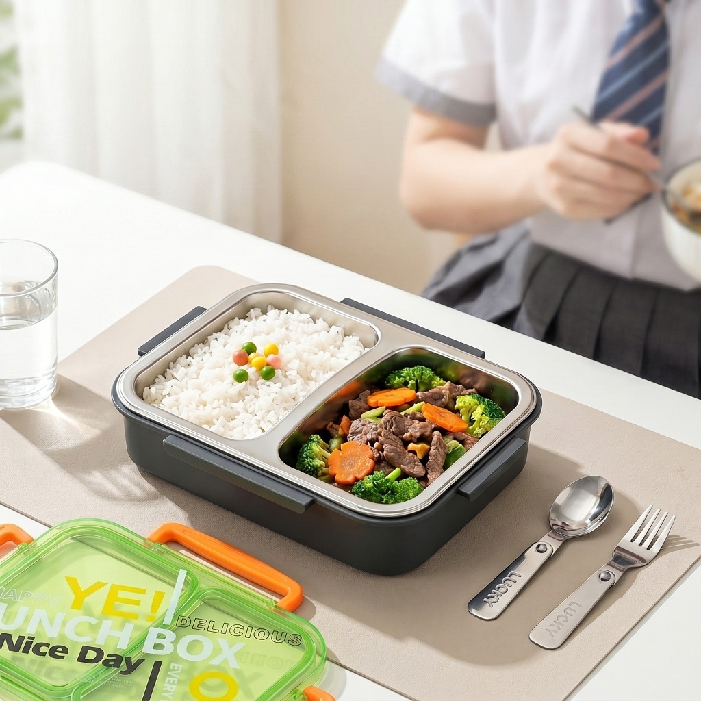 Food Storage Design - 電子レンジ対応304ステンレス製弁当箱、仕切り付き食品保存容器、漏れ防止、子供、学生、学校用食事準備容器