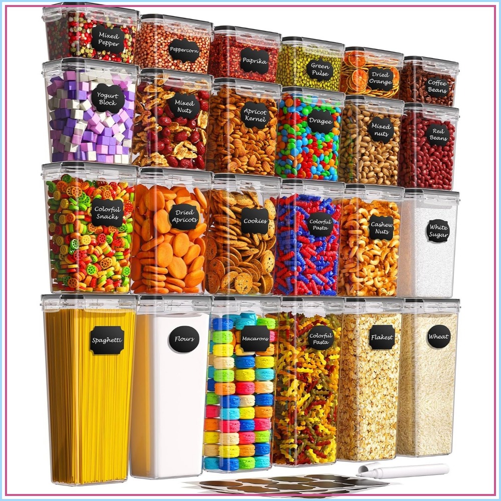 Food Storage And Container - 24個入り気密食品保存容器、蓋付き、BPAフリープラスチック、漏れ防止キッチンキャニスター、シリアル、小麦粉、砂糖用、ラベルとマーカー付き