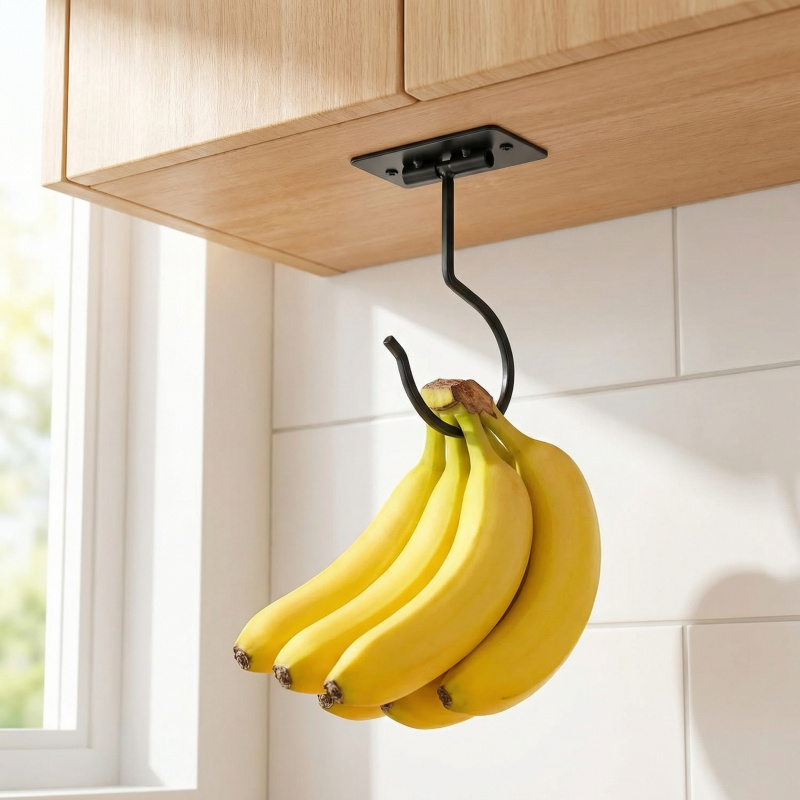 Food Storage Cupboard - ブラックメタル製粘着式バナナフック折りたたみ式収納ラック省スペースキッチンキャビネット食品オーガナイザー1～2個