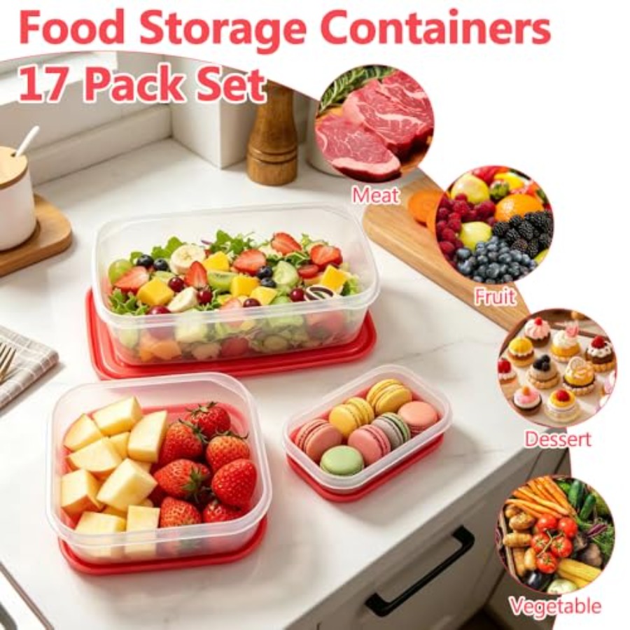 17個入りプラスチック食品保存容器セット、赤い通気蓋付きBP - Storage Food Prep のレビューと価格