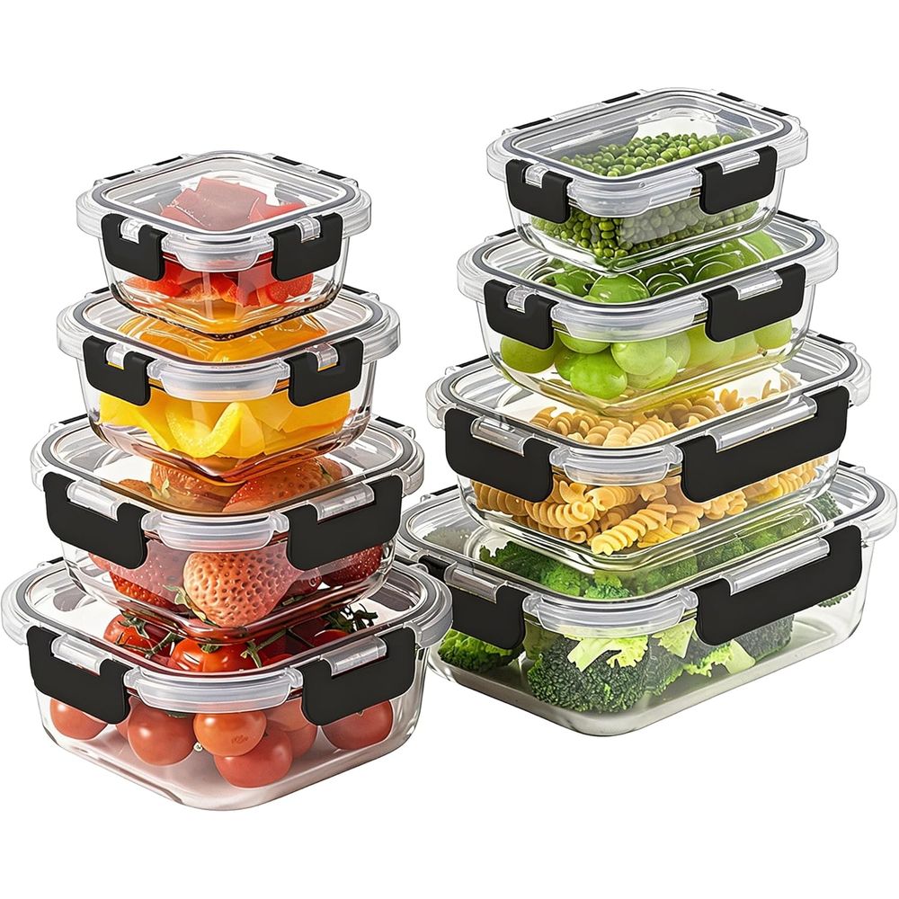 8個入りホウケイ酸ガラス製食品保存容器セット、気密蓋付き、オ - Food Storage Set Glass のレビューと価格