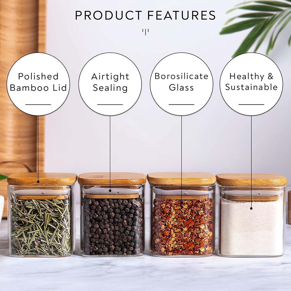 スパイスラベル付きガラス瓶セット、5オンス、正方形、竹蓋、ス - Food Storage Set Glass のレビューと価格