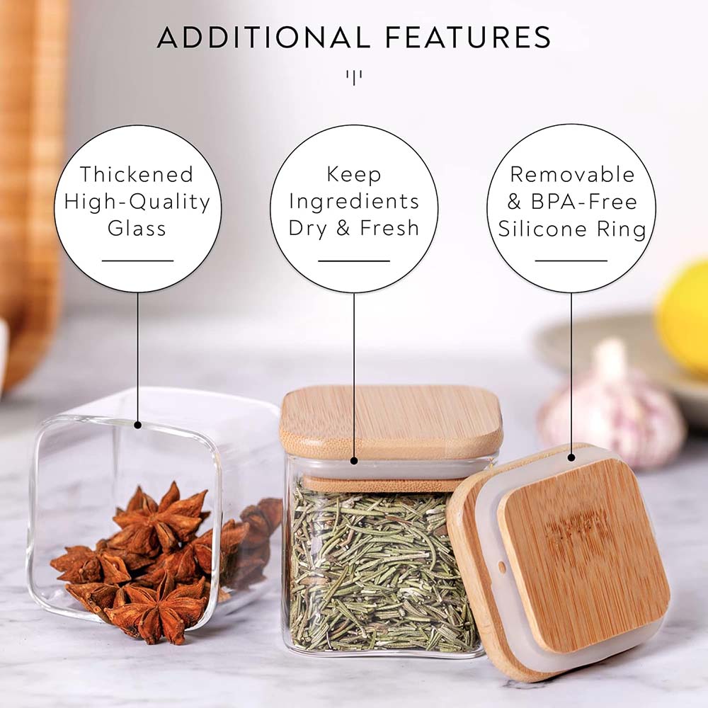 スパイスラベル付きガラス瓶セット、5オンス、正方形、竹蓋、ス - Food Storage Set Glass のレビューと価格