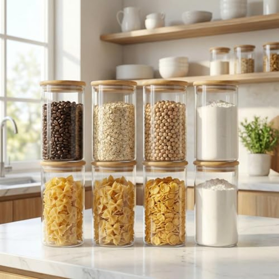 竹蓋付きガラス瓶 28液量オンス [8個セット]、気密蓋付き - Food Storage Set Glass のレビューと価格