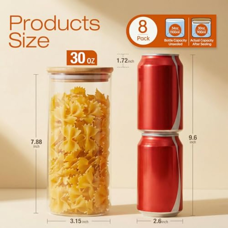竹蓋付きガラス瓶 28液量オンス [8個セット]、気密蓋付き - Food Storage Set Glass のレビューと価格