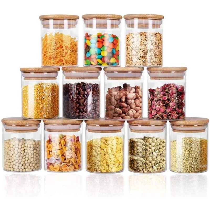 竹製の密閉蓋とラベル付きガラス瓶12個セット、食品シリアル保 - Food Storage Set Glass のレビューと価格
