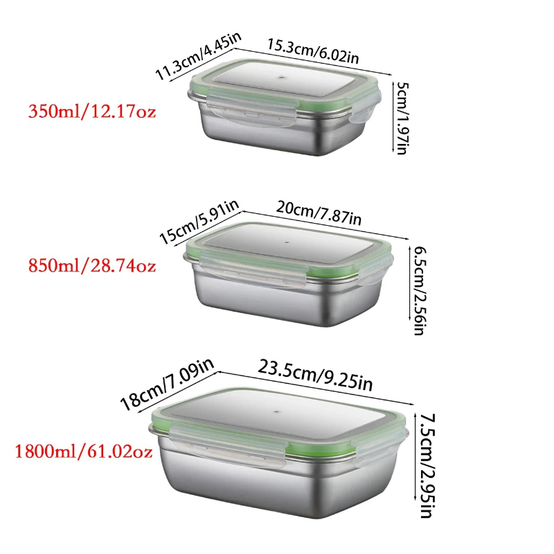304ステンレス製ランチボックスセット、シリコン製透明蓋付き - Food Storage Design のレビューと価格